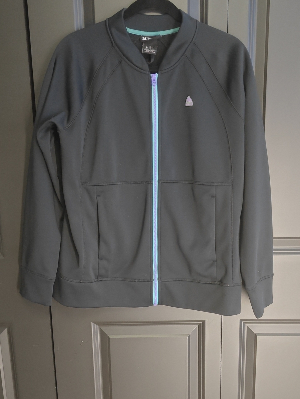 Burton Black Woman's L Jacket with Aqua Zip and Lilac Logo